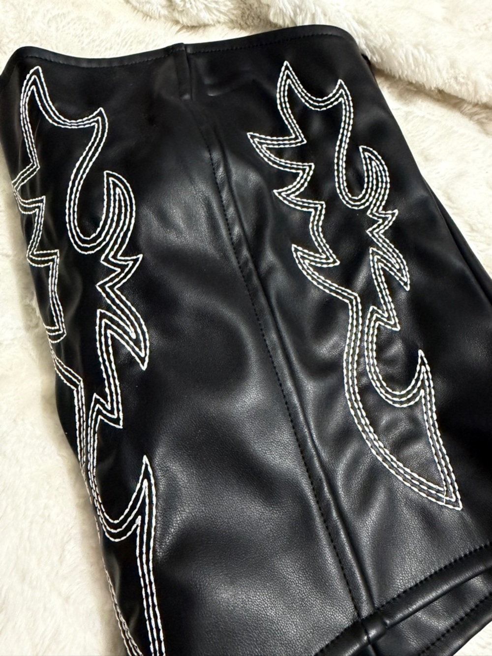 Fashion Nova Black Faux Leather Strapless Corset Crop Top with White Stitching